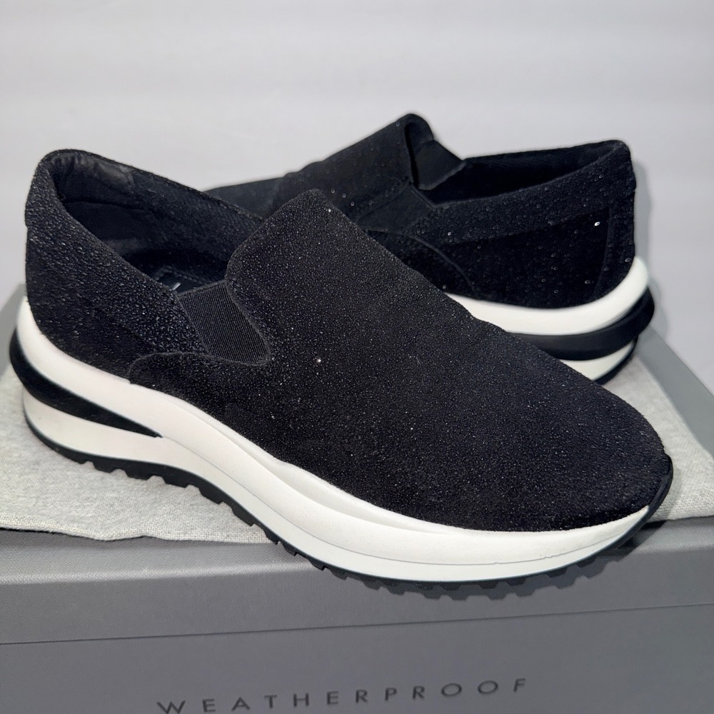 Aquatalia Leola Metallic Suede Platform Slip On Sneakers Black L5019-BLK 5.5M